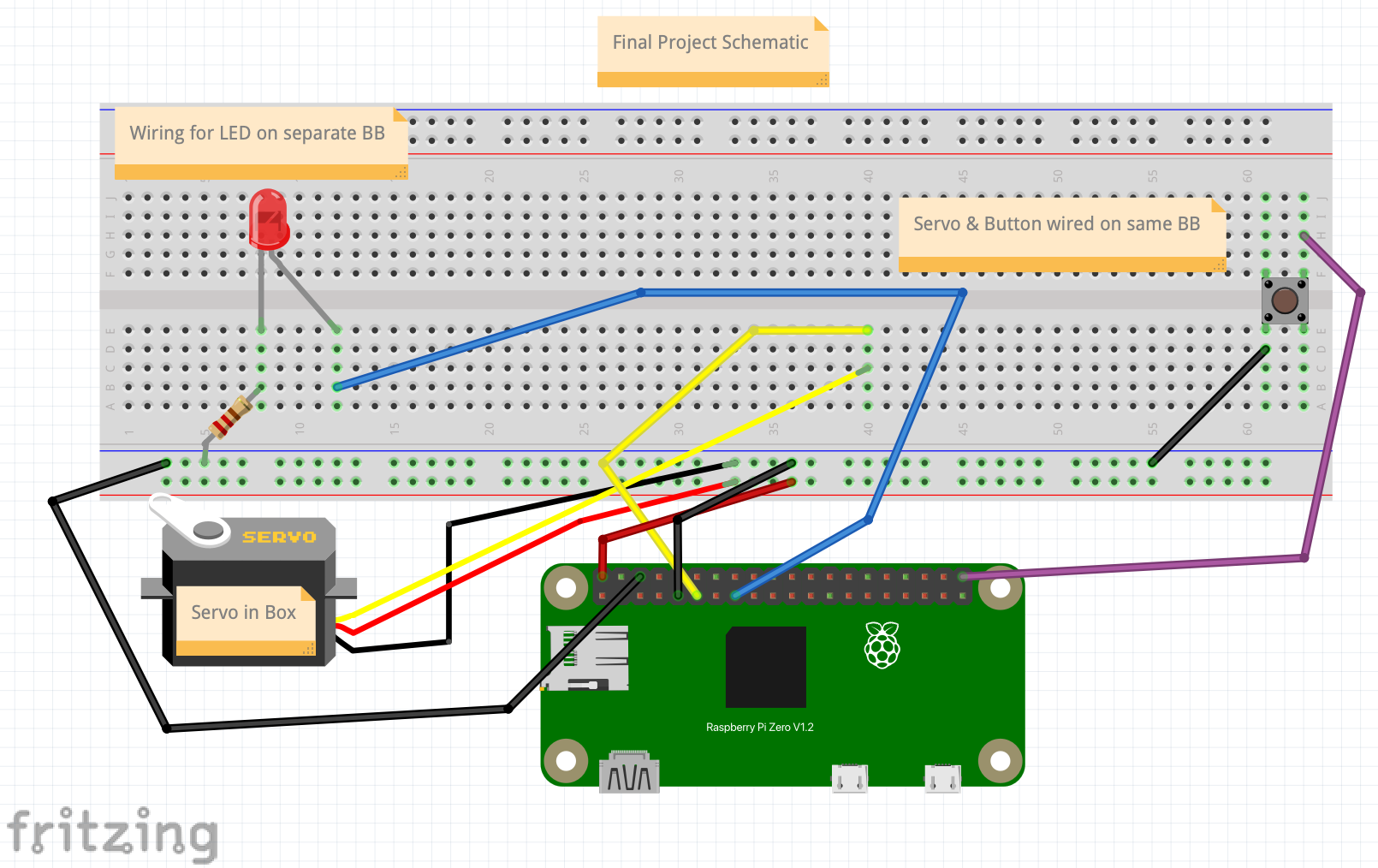 Original electrical wiring diagram for the Raspberry Pi, LED, button, and servo motor