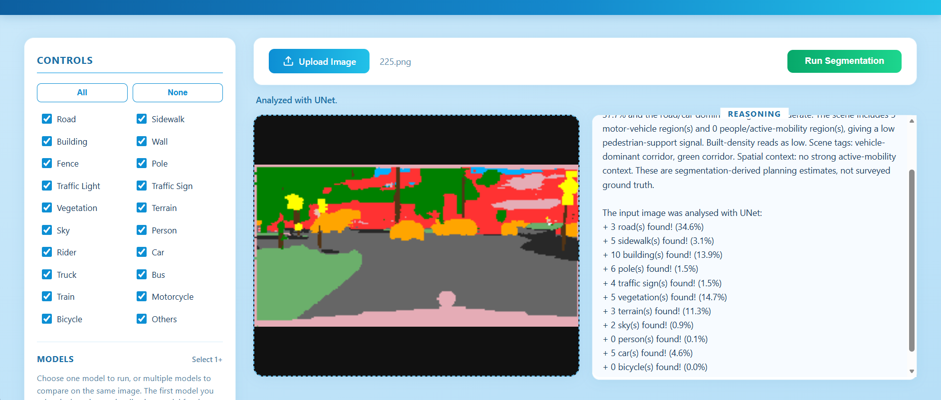 Cityscape segmentation web app showing semantic mask and reasoning panel
