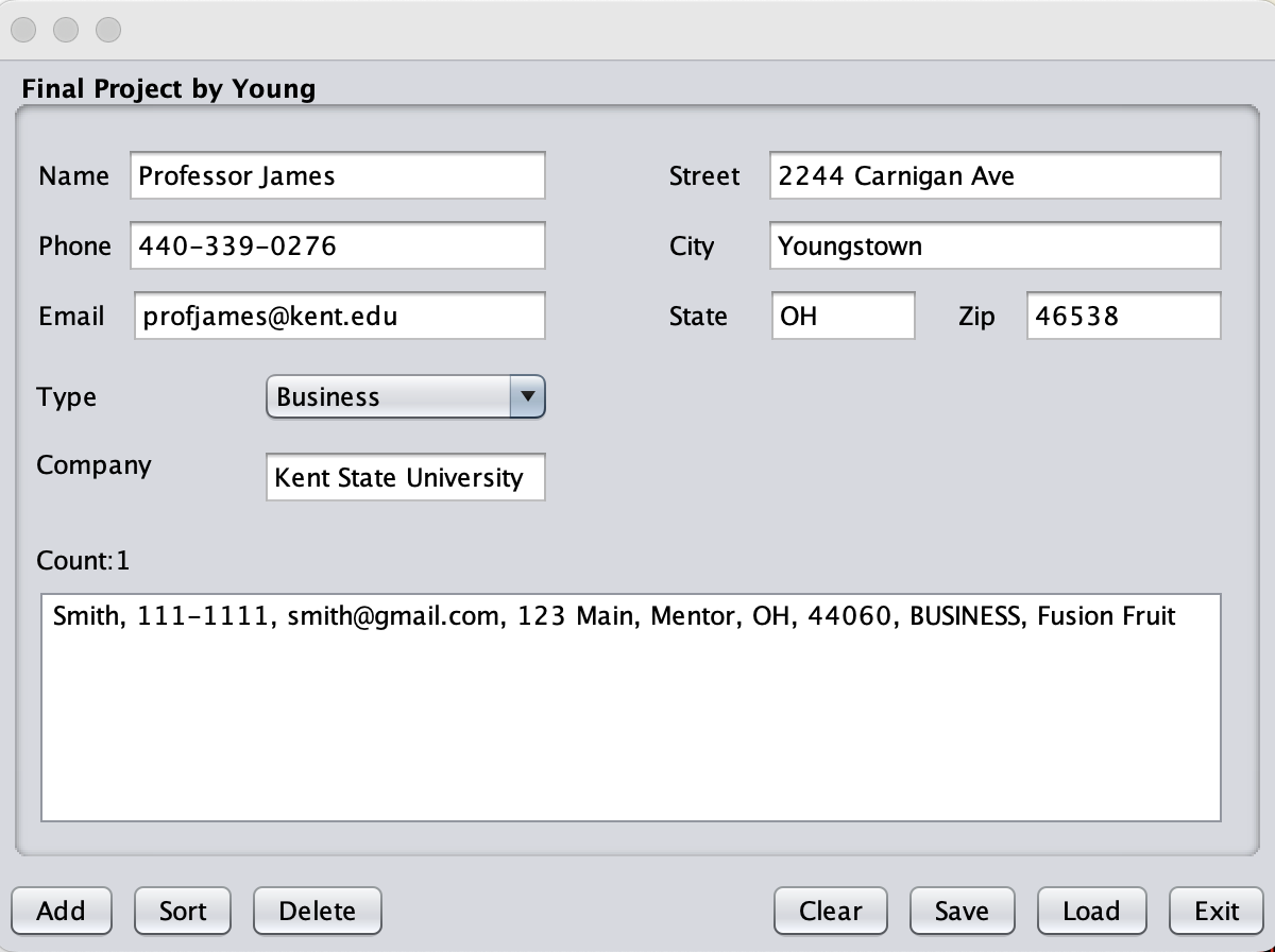 Screenshot of Java contact manager application