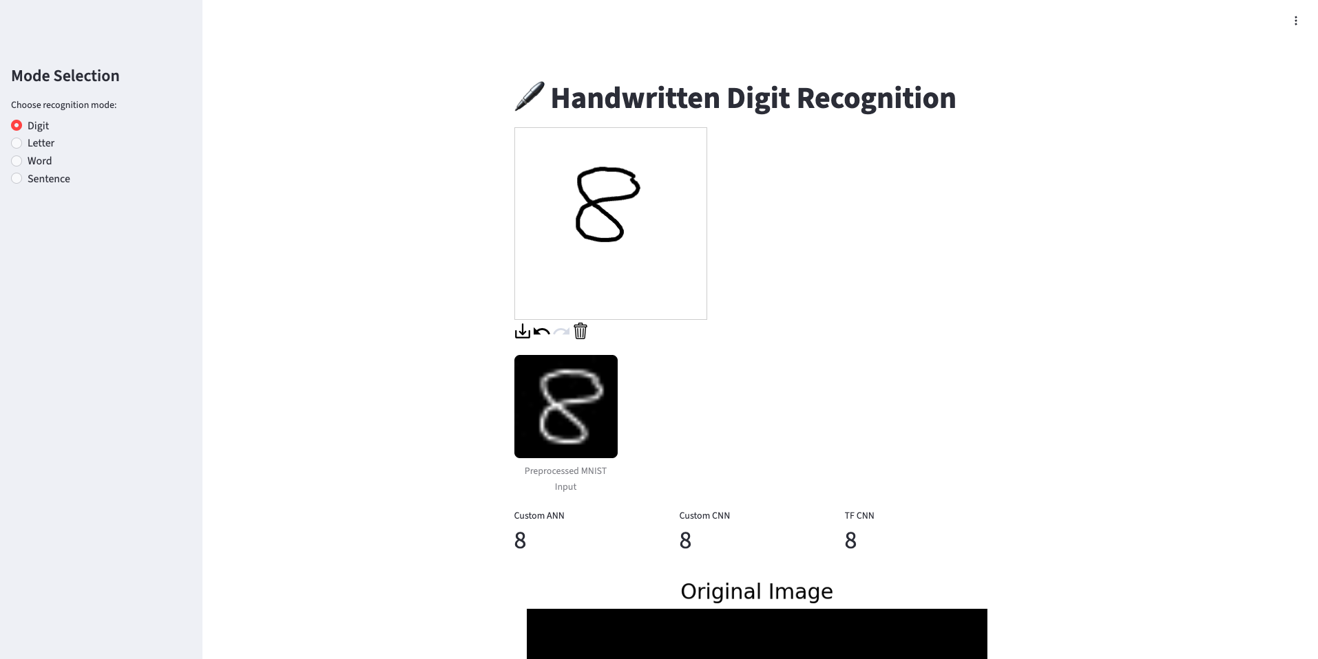 Streamlit handwritten digit recognition dashboard screenshot