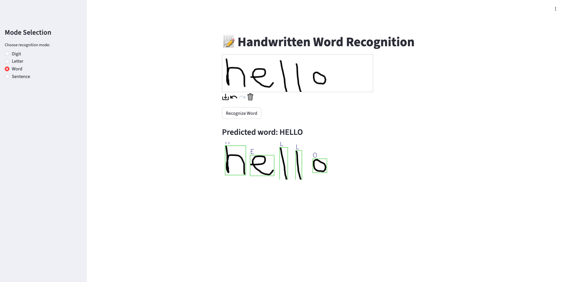 Streamlit dashboard recognizing a handwritten word