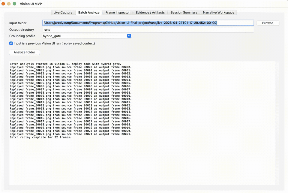 Animated screen recording of Vision UI analyzing captured desktop frames